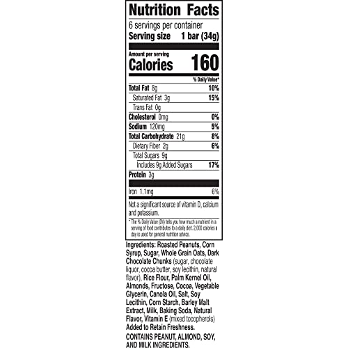 NATURE VALLEY SWEET AND SALTY NUT BARS, DARK CHOCOLATE PEANUT ALMOND, 6 BARS, 7.2 OZ