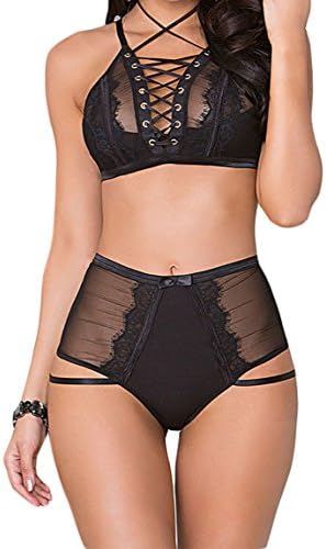 LittleLittleSky Womens Sexy Black Lace-up Strappy Bralette Lingeries Set ((US 6-10) M, Black)