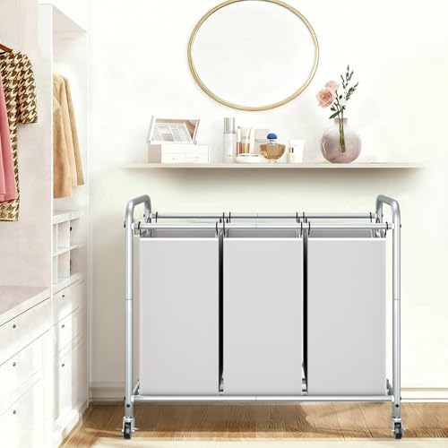 STORAGE MANIAC 3 Section Laundry Sorter, 35.6 Gal (135 L) Laundry Hamper Cart with Heavy Duty Rolling Lockable Wheels and Removable Bags, Clothes Organizer Basket Separator Hamper, Gray