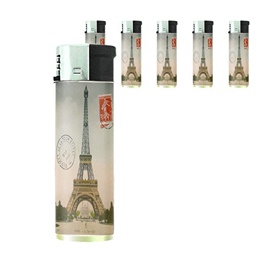 Refillable Electronic Lighter Set of 5 Pieces D-030 Eiffel Tower Paris Postcard Decorative Decoupage Vintage Style