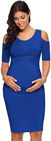 Kalayo Women's Cold Shoulder Bodycon Maternity Dress Half Sleeve 3/4 Sleeve Fitted Ruched Sides Casual Pregnancy Clothes