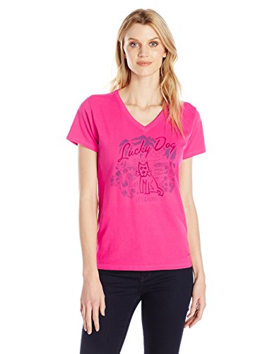 Life is good Women's Crusher Vee Lucky Dog Tee, Pop Pink, X-Large