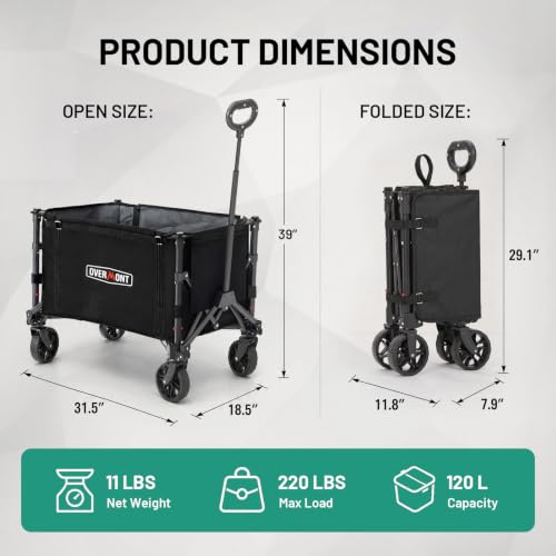 Overmont 3-in-1-120 L Folding Trolley with Wheels - Large Capacity - 100 kg - Lightweight and Compact Trolley with Wheels - for Camping, Beach, Garden, Shopping and Sports