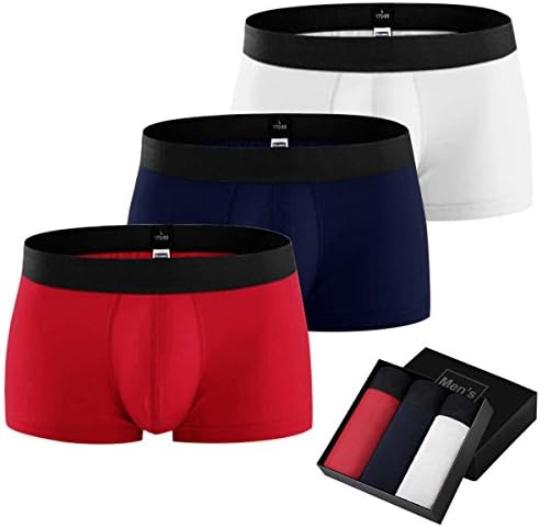 YIQIC Mens Underwear Boxer Briefs, Cotton Red Blue Set Stretchable Breathable Moisture-Wicking 3 Pcs Pack Asia Size (X-Large, Red, Dark Blue, White)