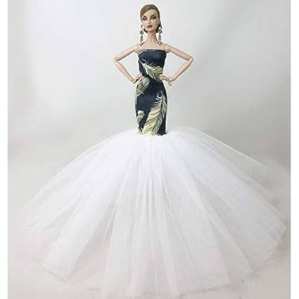 DSstyles Fashion Printing Delicate Gauze Fish Tail Long Dress for 30CM Doll Wedding Dress (Without Doll)