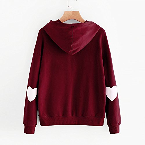 Sunhusing Womens Love Heart Print Long Sleeve Casual Pocket Drawstring Hoodie Jumper Sweatshirt Pullover Tops Wine