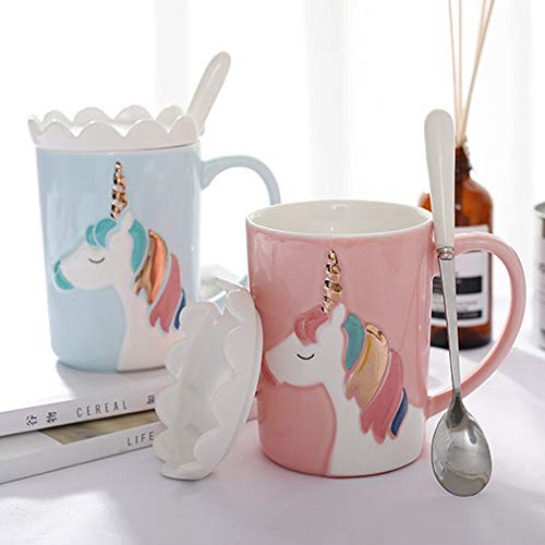 BigNoseDeer Keramik Tassen Einhorn Becher,Kaffeetasse Milch Teetassen mit Spitzendeckel und Löffel für Kinder, Frauen, Mädchen – Bild 8