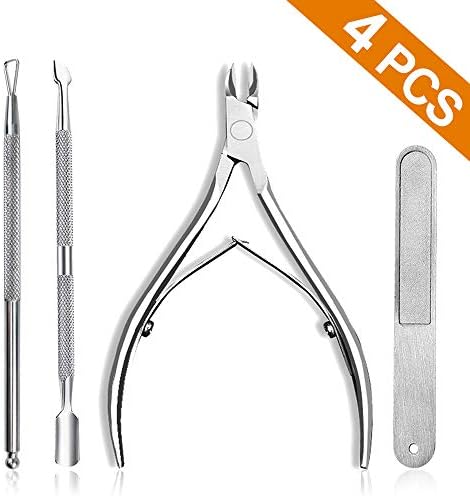 4PCS Cuticle Nippers Professional Include Nail Cuticle Pushers Nail File Metal, GRADED Stainless Steel Cuticle Trimmer Sharp Blande, PREMIUM Cuticle Cutter Tool, Handle Less Effort, Softer Grip