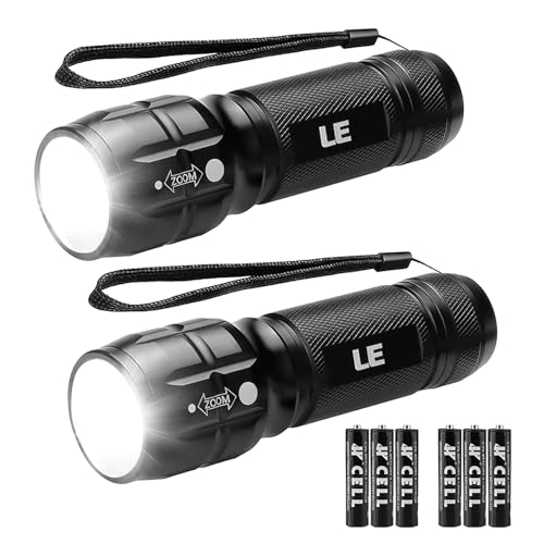 Lighting EVER Linterna LED de Alta Luminosidad con Zoom Ajustable, IPX4 Resistente al Agua, Compacta y Portátil – para Camping, Senderismo, Emergencias, Incluye Baterías AAA, Paquete de 2