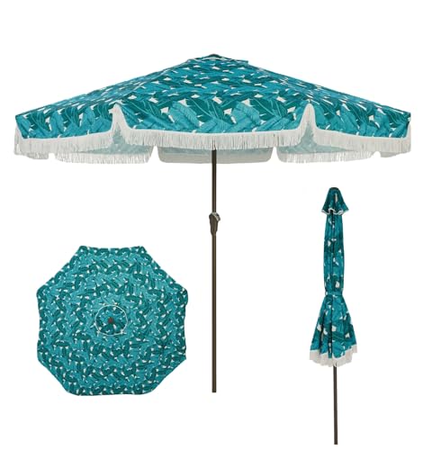 9 ft Patio Umbrella with Fringe, Tassel Outdoor Beach Umbrella for Sand with Pu…