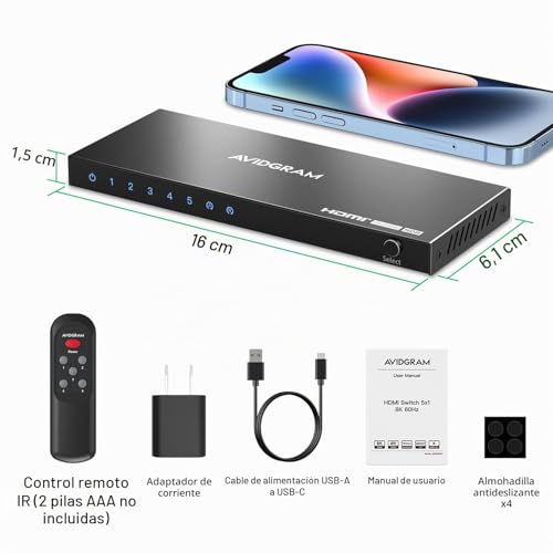 8K Switch 2.1 HDMI 5 in 1 out, AVIDGRAM HDMI Switch 5 in 1 Output 4k 120hz with IR Remote Control, 5 Ports 8K 60Hz Selector Hub Compatible with 8K 48Gbps