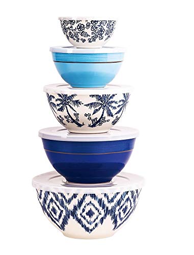10 Piece Melamine Mixing Bowl Set with Lids, Blue Tropical