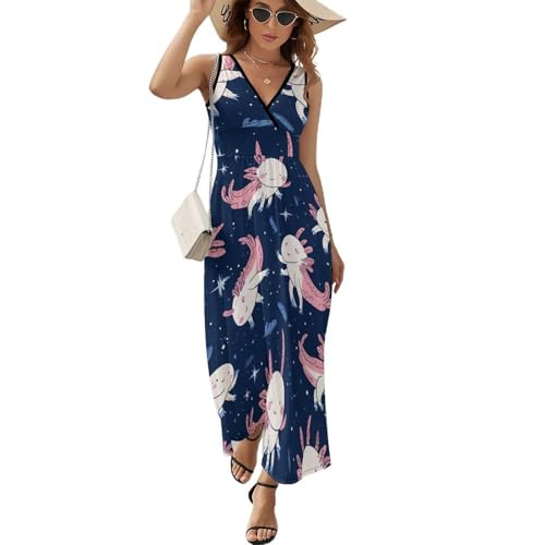 Cute Axolotl Women's Long Dress Sleeveless V Neck Casual Summer Maxi Vacation Beach Dresses