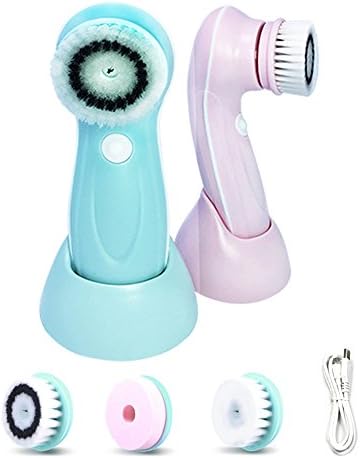 3 in 1 Rechargeable Electric Facial Scrubs Cleansing Brush Soft Hair Brush and Sponge Head (Pink)