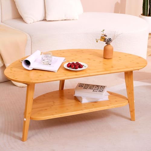 NAVREX Mid Century Modern Coffee Table, Oval Coffee Tables with Storage for Living Room, 2 Tier Solid Wood Center Table, Minimalist Display Coffe Tables, Easy Assembly, 40.2