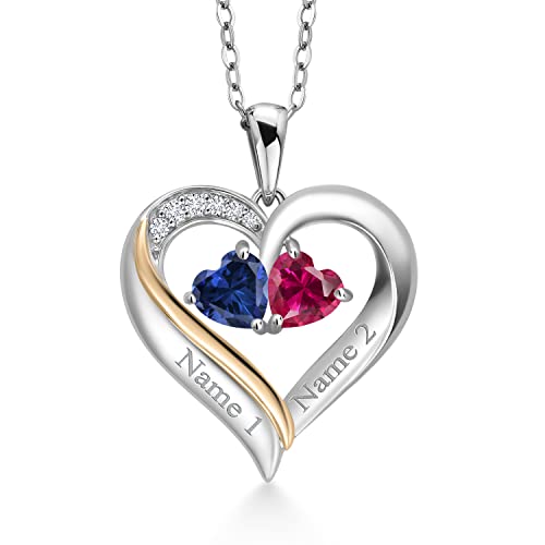 2-Heart Couple Name Engraved Pendant Necklace For Women | 925 Sterling Silver and 10K Yellow Gold | Customized and Personalized | Gemstone Birthstone and Lab Grown Diamond | 18 Inch Silver Chain