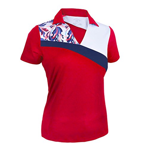 Monterey Club Ladies' Dry Swing Water Fountain Contrast Colorblock Short Sleeve Shirt #2344 (Red/White, Medium)