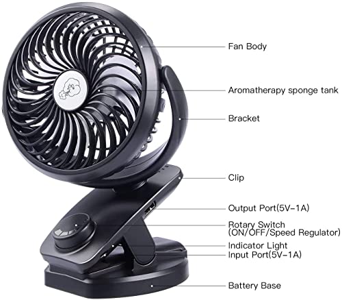 Mini Clip-on Fan 5000mAh Rechargeable Battery Operated USB Desk Fan Portable Personal Fan Small Quiet Stroller Fan for Home, Office, Travel, Camping, Baby Pram(Black)
