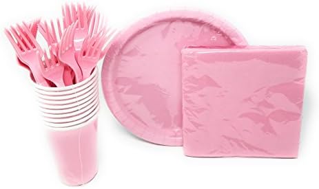 PartyDeiz Pink Party Supplies Bundlle. Serves 20 guest. Paper Plates, Cups, Forks &amp; Napkins. Happy Birthday, Baby Shower Pink Girll (Pink Bundle)