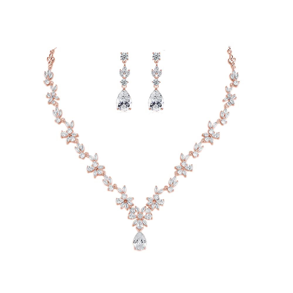 SNORSO Rose Gold Plated Cluster Leaf Necklace Earrings Bridal Set AAA Cubic Zirconia Teardrop Pendant,Jewellery Set for Wedding,Events,Party