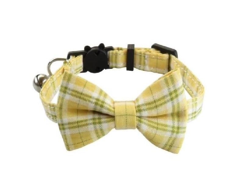 Bowtie Cat Collars with Bell | Safe Quick Release Breakaway Buckle | ZACAL Cat Collars (Yellow & White Chequered) — image 1