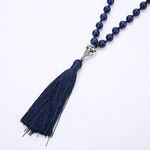 BALIBALI 108 Mala Beads Necklace Semi-Precious Gem Stones Meditation Necklace 108 Hand Knotted Japa Mala Beaded Tassel Necklace with Tree of Life Pendant (Lapis Lazuli)