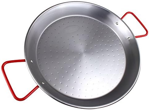 The Hungry Cuban paella pan 15 inches or 38 centimeter carbon steel, red handle, made in Spain, best size for home cook.