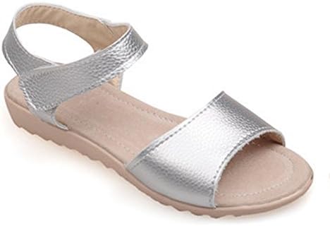 CHFSO Women's Casual Open Toe Hook and Loop Sandles Flats Shoes Silver 11 B(M) US