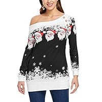 Vanbuy Womens Off The Shoulder Slouchy Christmas Sweatershirt Santa Claus Snowflake Print Holiday Shirt Tunic Top Z254-Black-XXL