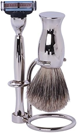 Erbe Shaving Set, Gillette Mach3 Razor, Shaving Brush, Stand, nickelplated