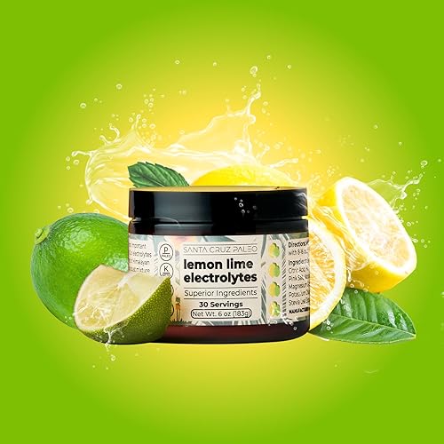 Santa Cruz Paleo Electrolyte Powder, Lemon Lime Flavor, Sugar Free Hydration Drink Mix with Himalayan Pink Salt, Sea Salt, Magnesium Glycinate, Potassium Chloride, Sweetened with Stevia, 30 Servings