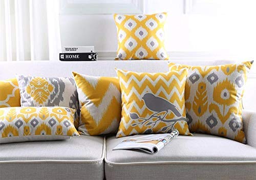 Modern Homes 100% Cotton Ikat Print Decorative Throw Pillow Covers Cushion Cases 16x16 inches (Yellow and Grey, Set of 6) — image 1
