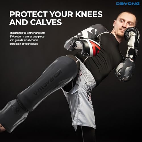 DAYONG Muay Thai Shin Guards, MMA Martial Arts Leg Instep Protection Pads, Boxing Shin Guard, Professional Sparring Protective Gear for Boxing Training Kickboxing Karate Taekwondo.