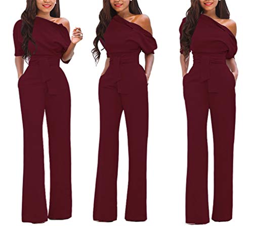 VLUNT Womens Elegant Solid Off Shoulder High Waisted Jumpsuit Romper with Belt for Party Club - Thumbnail 3