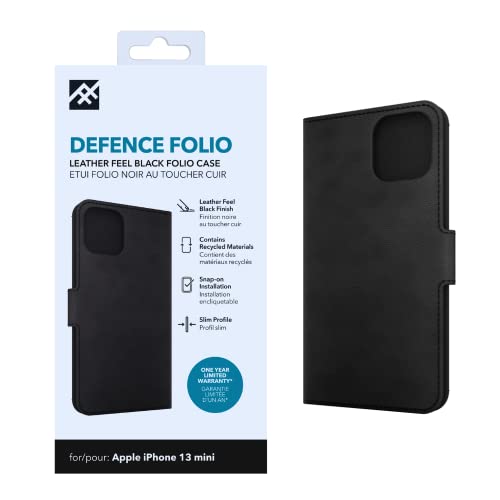 ZAGG iFrogz Defence Folio Protective Case Compatible with iPhone 13 Mini, Durable, Snap On, Smudge Resistant, Slim, Recycled, Black