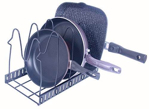Felibeaco Adjustable Pot and Pan Lids Organizer Rack, Bakeware Cookware and Cutting boards Holder Storage Rack for Kitchen, Cabinet, Countertop and Pantry,Metal,Black