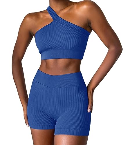 OLCHEE Womens One Shoulder Workout Sets 2 Piece - Seamless Ribbed Gym Outfits Crop Top and Mini Shorts Matching Yoga Athletic Clothing Set - Blue Medium