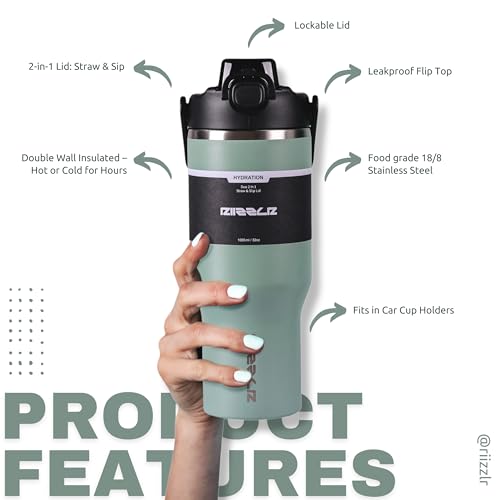 RIIZZLR® 1000ml Insulated Water Bottle Tumbler with 2-in-1 Straw & Sip Lid – Stainless Steel Vacuum Flask, Double Wall, BPA-Free, Leakproof, Wide Mouth, Keeps Drinks Hot 12H / Cold 24H (Sage Green)