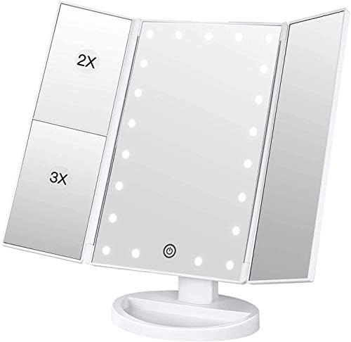 BESTOPE Makeup Mirror, Three-sided Mirror, Mirror for Actresses, Desktop Mirror, LED Included, Folding Mirror, Magnifying Mirror, 2, 3 or 10 Times Magnification, Brightness Adjustable, 180-degree Rotation, Battery & USB Powered, 2-way Power Charging