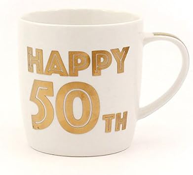 Glamourous "Happy 50th" Happy Birthday White & Gold Fine China Mug in Presentation Box