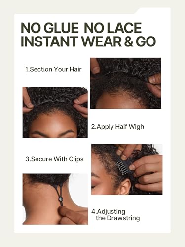Frodio Curly Half Wig 26 Inches Veralux™ Fiber Blend Human Hair Headband Wig 3 in 1 Shaggy Wave Flip Over Drawstring Wig 200% Density Natural Black Ready to Go Glueless Wig for Women