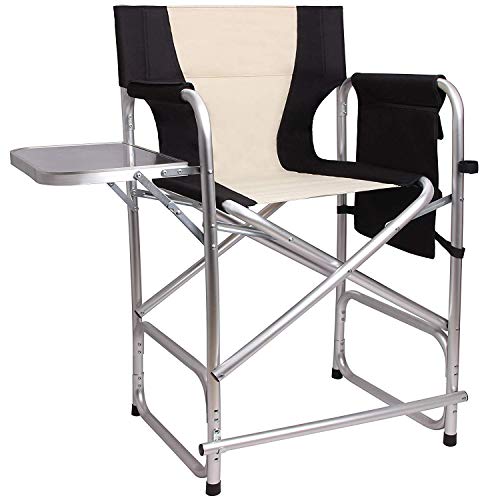 Shaddock Tall Director's Chair Folding Camping Chair, Makeup Artist Collapsible Chair with Side Table Storage Bag Footrest, Supports 300LBS(Black)