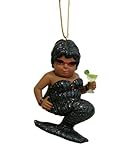 December Diamonds Cocoa Margarita African American Mermaid Ornament-Red Rhinestone Pendant & Glitter Sparkles Cocktail in Hand