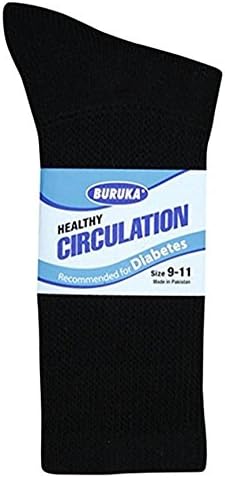 Black/Size 9-11- 6 Pack Diabetic Crew Socks w/ Non-Binding Top & Cushion Sole