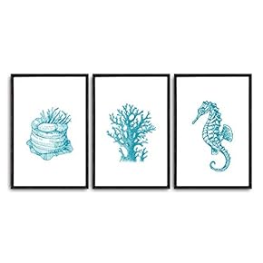 3 Piece Framed Canvas Wall Art Simple Seabed Elements Canvas Prints Home Artwork Decoration for Living Room,Bedroom - 16"x24"x3 Panels