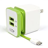 LOOP Dual Port Foldable USB Wall Charger with Integrated Micro USB Cable for Smartphones - Green