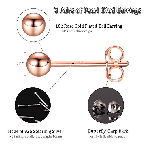 Sterling Silver Stud Earrings for Women Girls Men- 3 Pairs 3mm Tiny Ball Stud Earrings Round CZ Earrings Pearl Earrings Set Cartilage Small Tragus Earrings (3 Pairs-Round Ball Earrings(Rose Gold))
