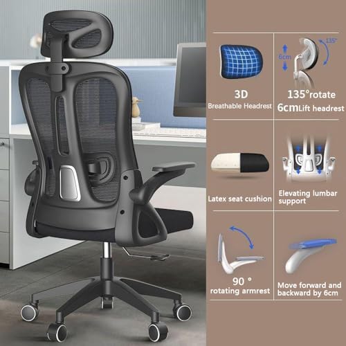 Gyhhxlh Ergonomic High-Back Mesh Office Chair: Adjustable Lumbar/Headrest/Armrests, 360° Swivel, Height & Rocker Adjustment, Latex Seat Cushion, Load Capacity: up to 265lbs/120kg, Black
