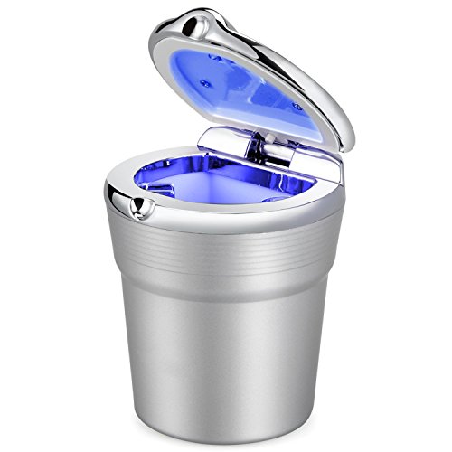 Rumfo Portable Stainless Auto Cigar Ashtray with Blue LED Light Smokeless Stand Cylinder Cup Holder for Cars and Home (Silver)