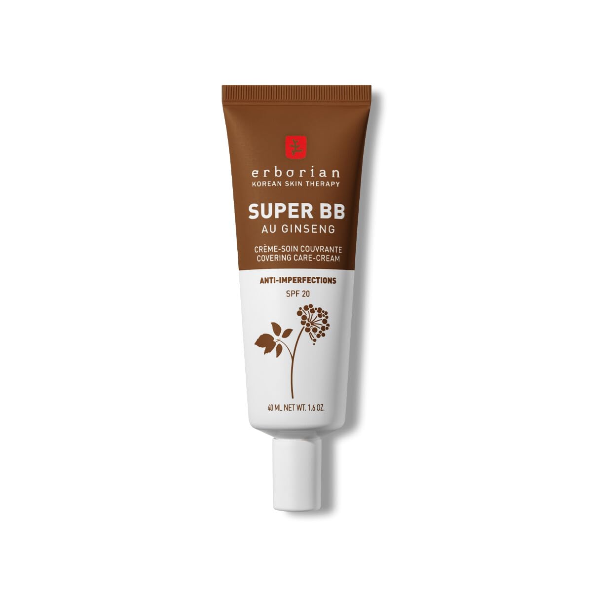 Erborian - Super BB Cream with Ginseng - High Coverage Tinted Face Care Anti-Imperfections - Complexion Corrector and Perfecter - Sun Protection SPF 20 - Korean Cosmetic - Chocolate 40ml